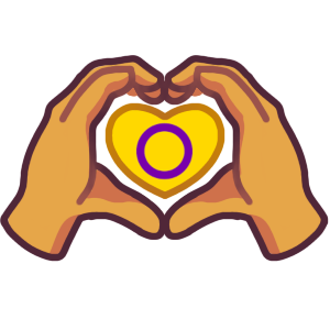 heart with intersex flag on it, in the empty space between two hands making a heart shape.